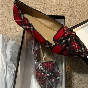 Talbots Red Plaid Loafers with Black Tassel